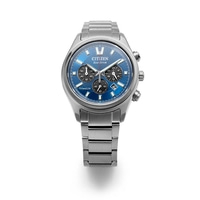 A blue Citizen Eco-Drive titanium watch with chronograph subdials.