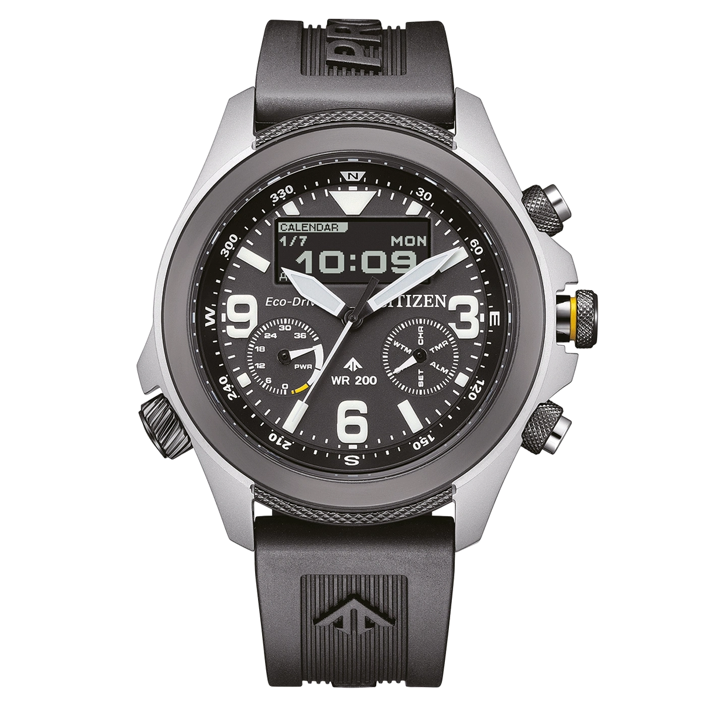 Citizen watch with black dial, digital display, and black strap.