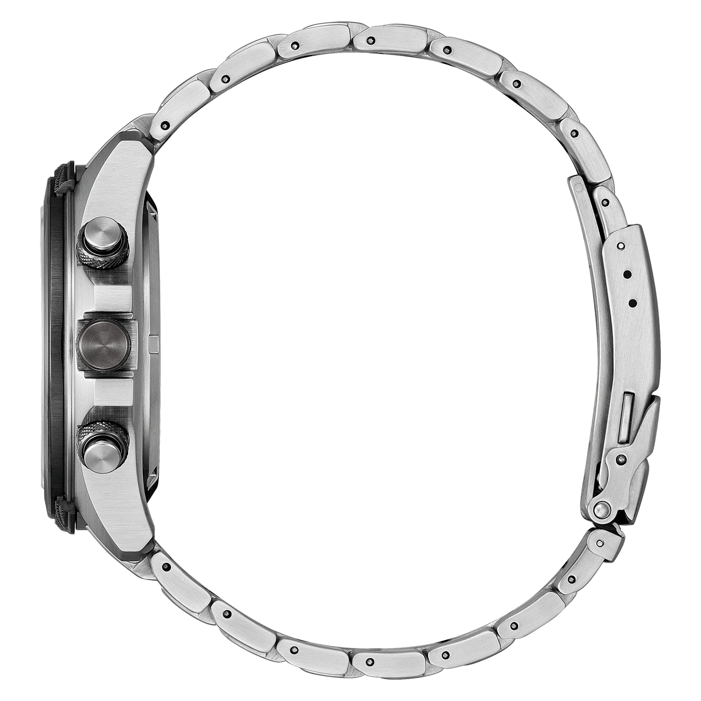 Side view of a silver wristwatch with a metal band and buttons.