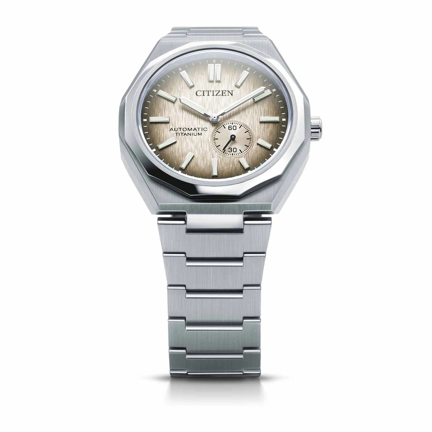 Citizen watch with a silver titanium bracelet and a brown dial.