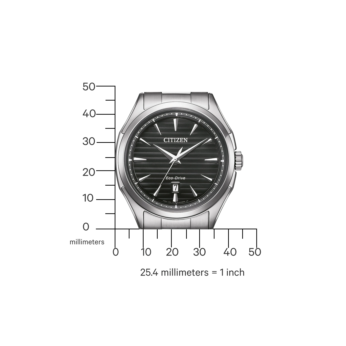 Citizen watch with black face, Eco-Drive, and date display. Silver band.