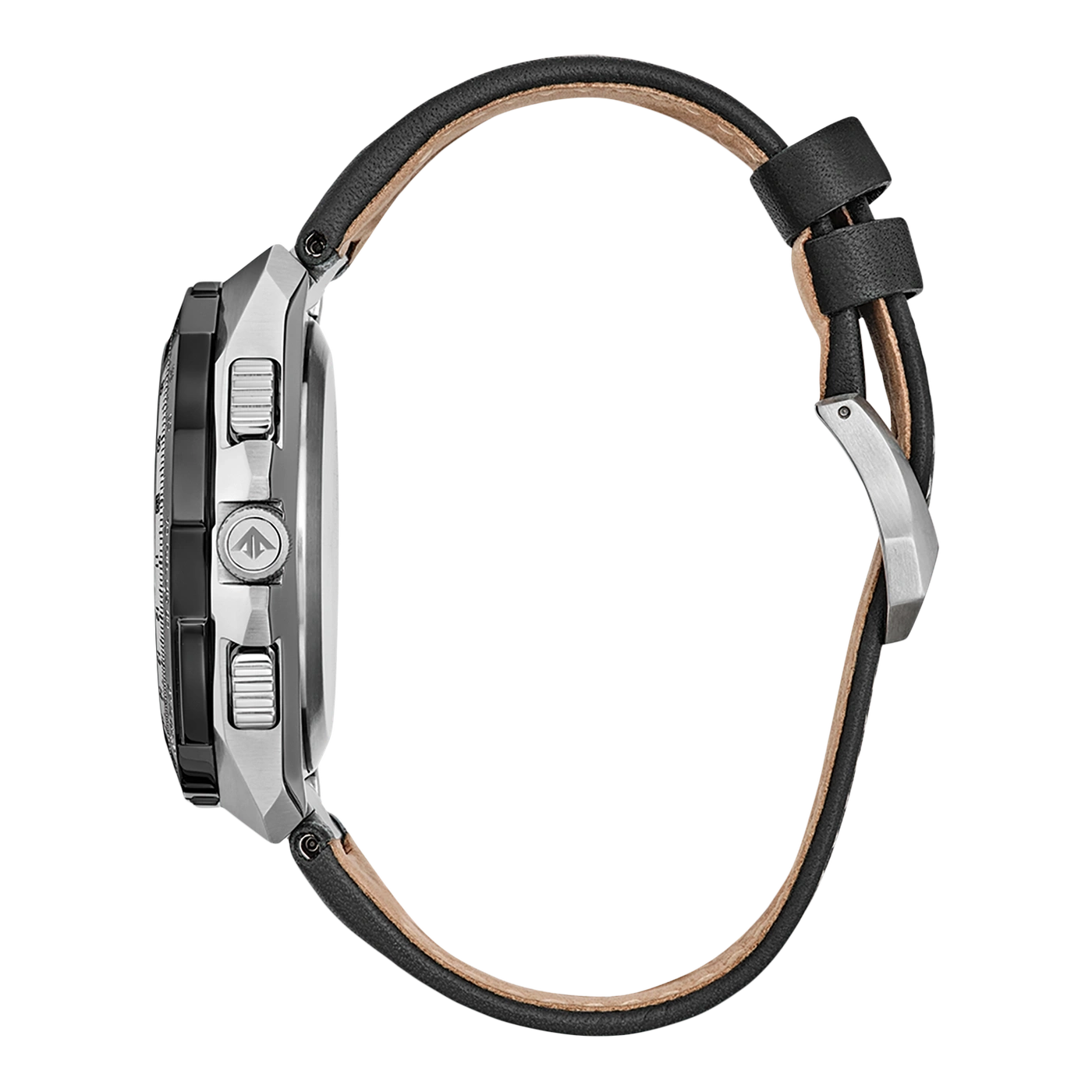 Side view of a silver watch with a black leather strap.