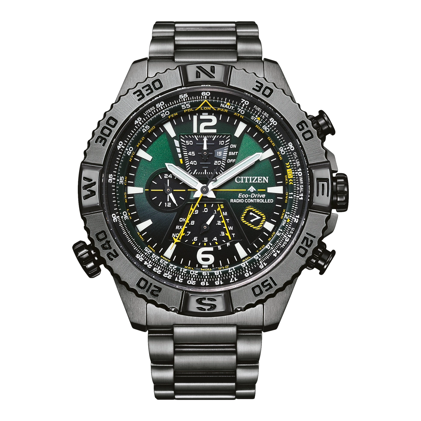 Citizen watch with green dial and black bezel, stainless steel band.