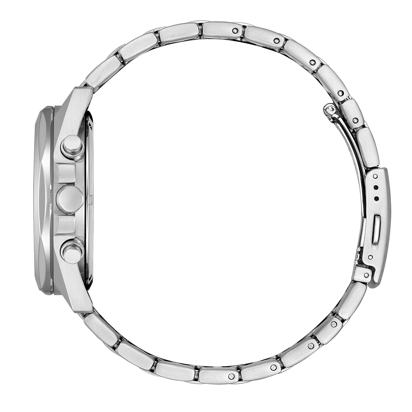 Side view of a silver wristwatch with a metal band and buttons.