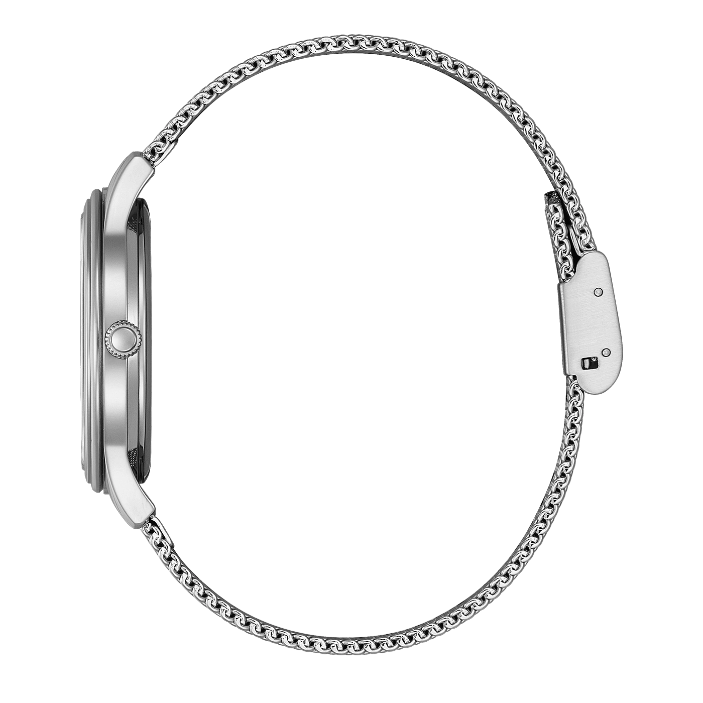 Side view of a silver watch with a mesh band.