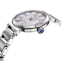 A close-up side view of a silver Citizen Eco-Drive watch with a mother-of-pearl dial and Roman numerals.