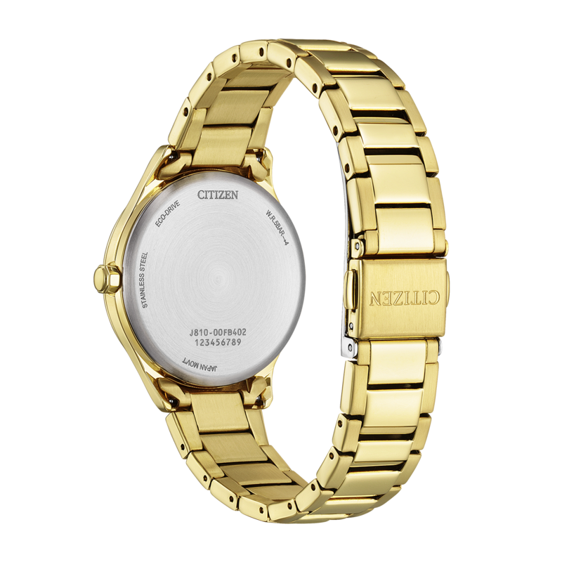 A gold Citizen Eco-Drive watch with stainless steel band.