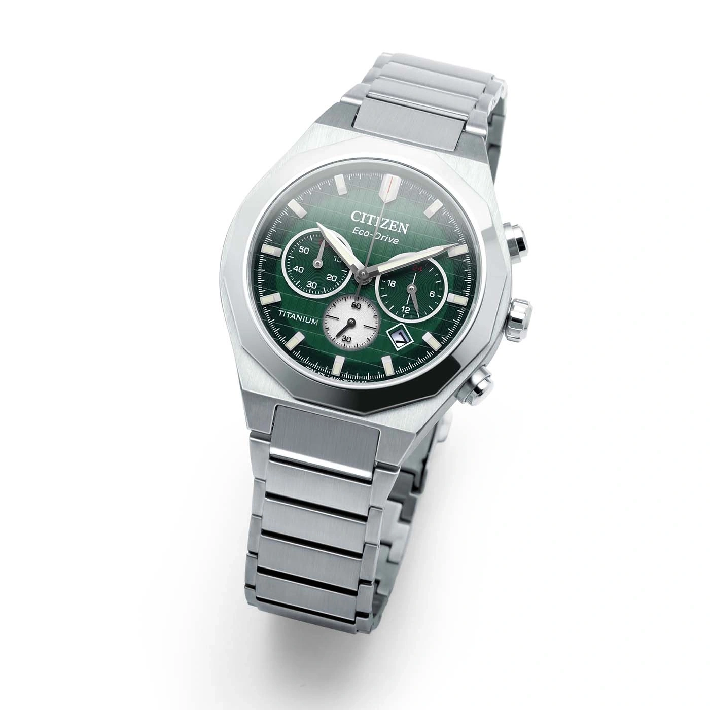 Citizen Eco-Drive watch with green face and titanium band, elegant design.