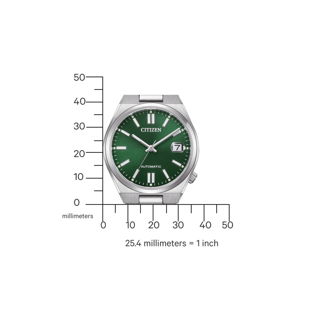 Citizen watch with green face, automatic, and date display, with a scale in millimeters.