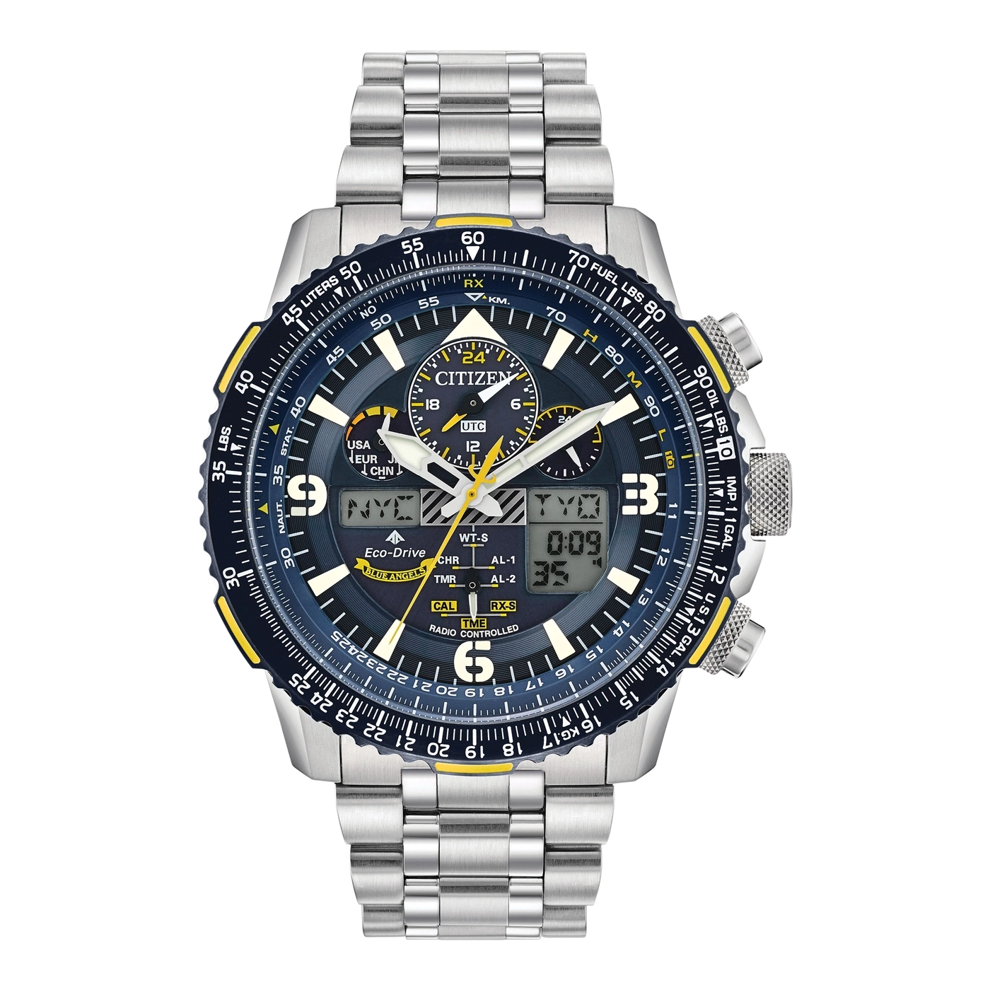 Citizen watch with blue and yellow accents, stainless steel band, and multiple dials.