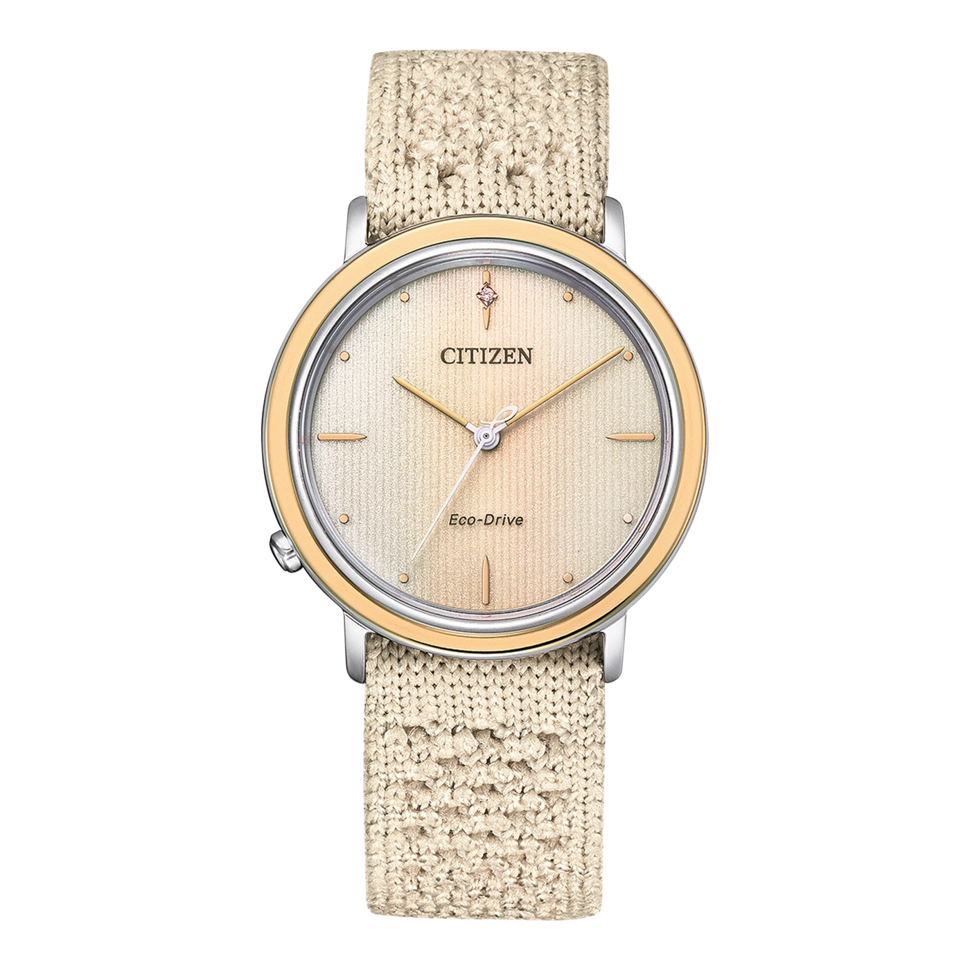 Citizen watch with a beige knitted strap and gold-tone bezel, Eco-Drive technology.