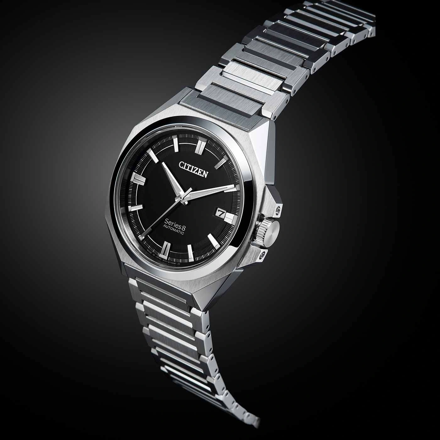 Citizen Series 8 automatic watch with black dial and silver bracelet