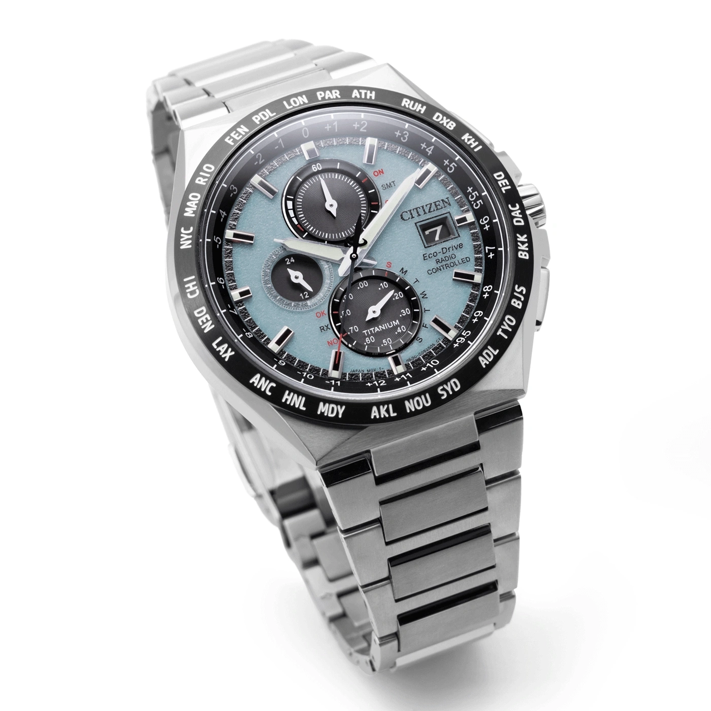 Citizen watch, silver, blue face, titanium, Eco-Drive, radio controlled, time zones, elegant.