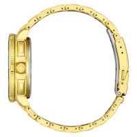 A gold watch bracelet with a black background.