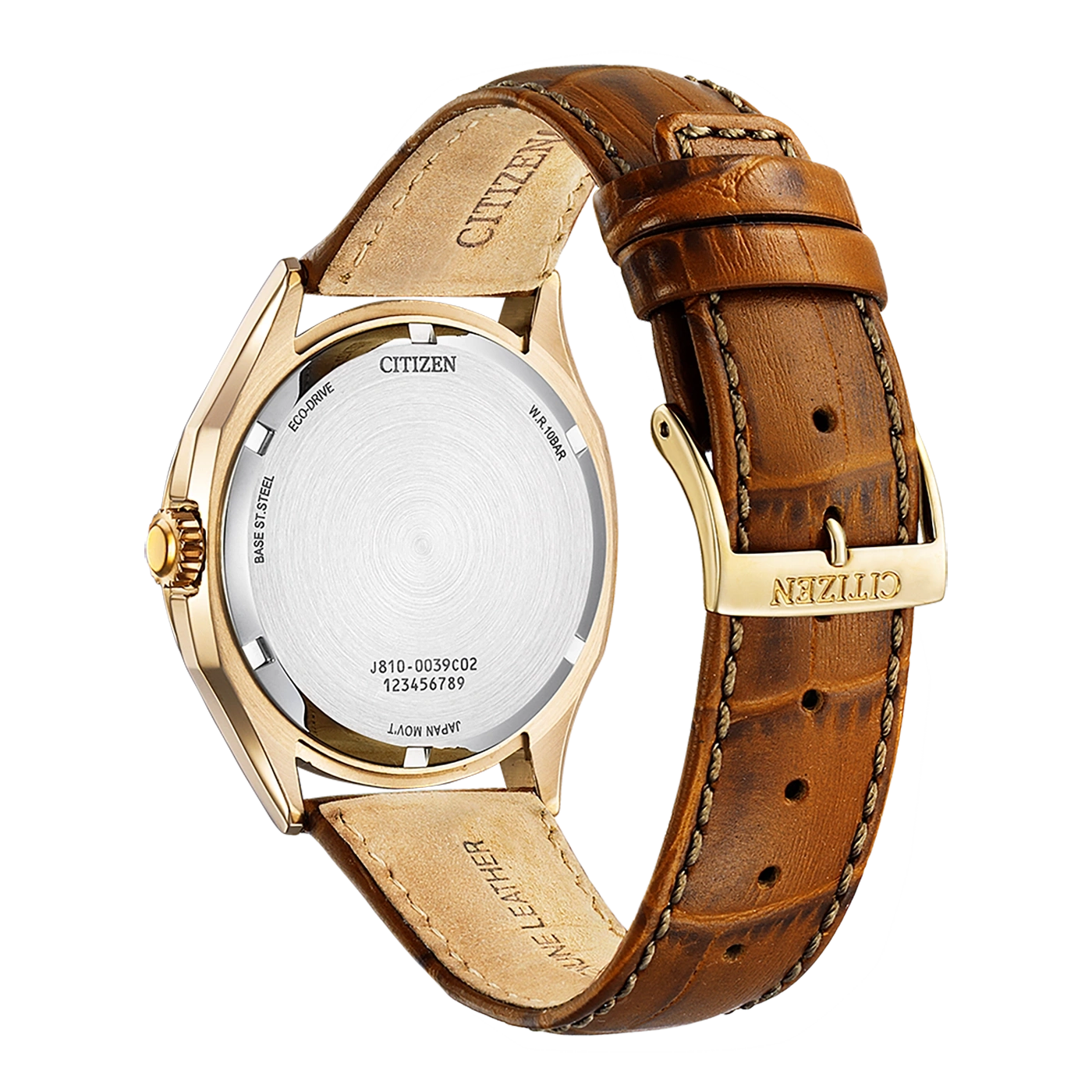 Citizen watch with leather strap, gold case, and Eco-Drive technology.