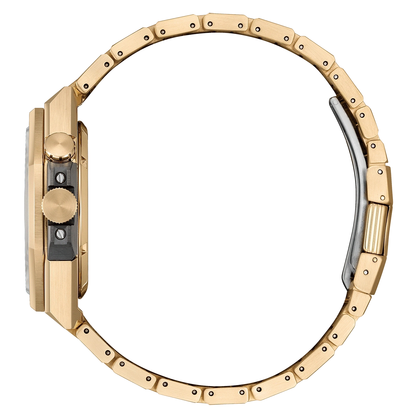 Gold watch side view, showing the band and the watch face details.