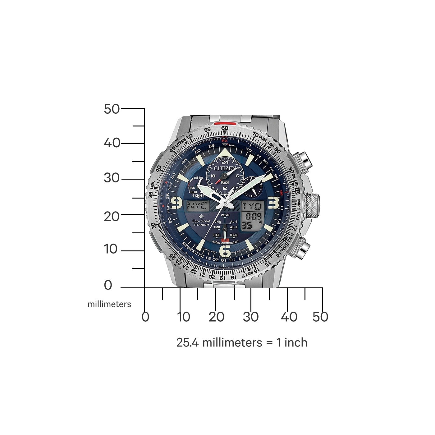 Citizen watch with multiple dials and digital display, measuring time and altitude.