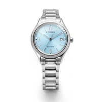 A silver Citizen Eco-Drive watch with a light blue dial and silver band.