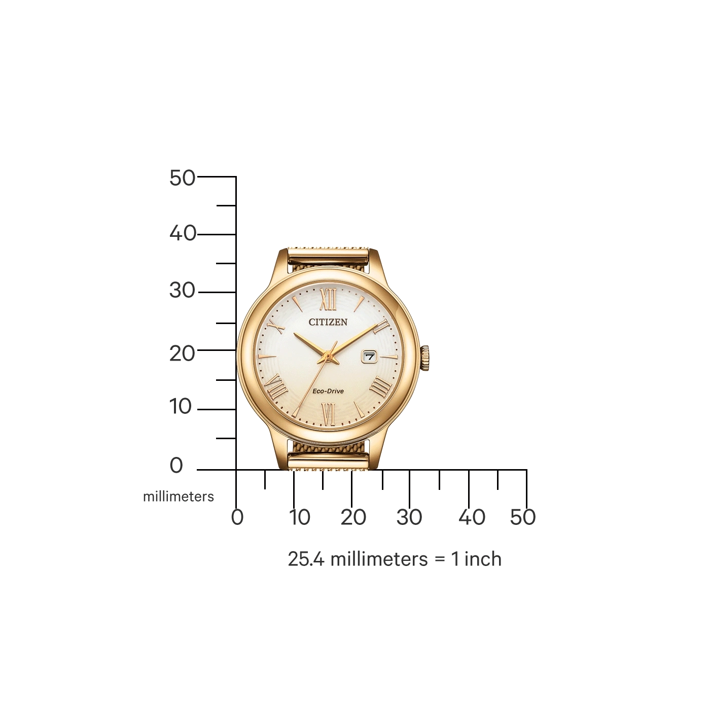 Gold Citizen watch with Roman numerals, date display, and Eco-Drive technology.