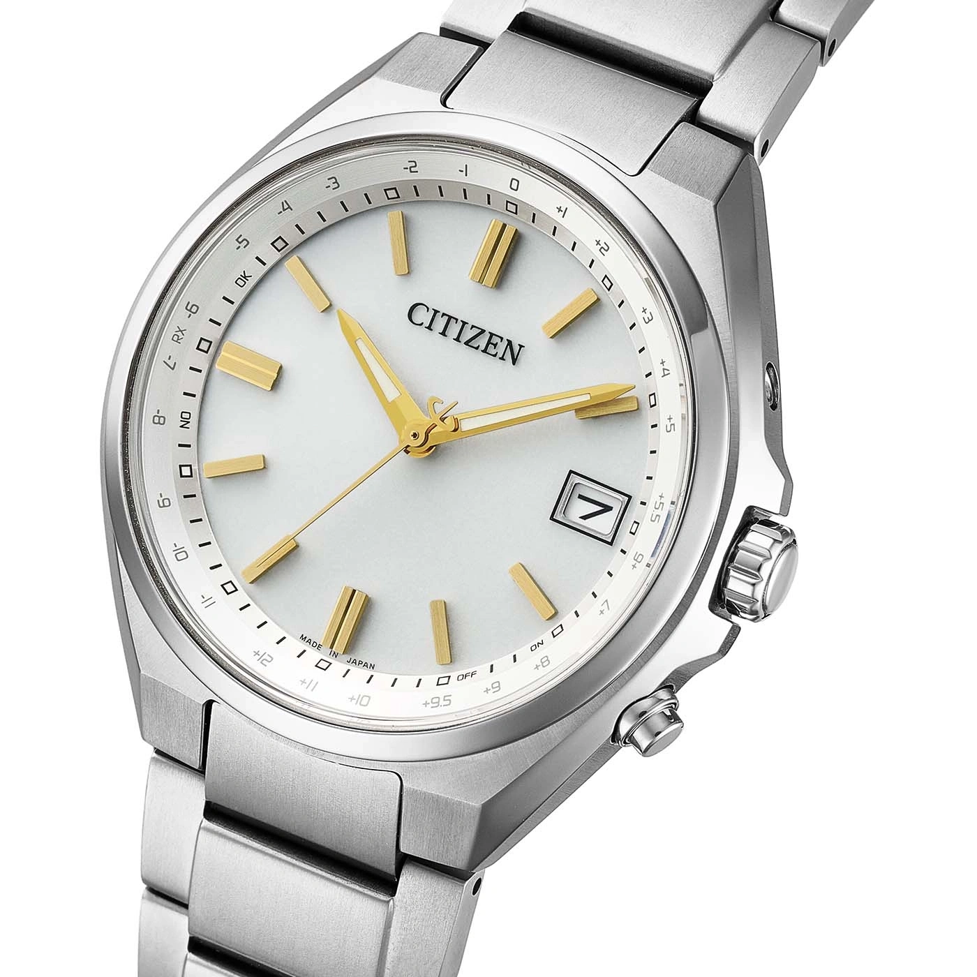 A close-up view of a Citizen watch face with gold hands and markers.