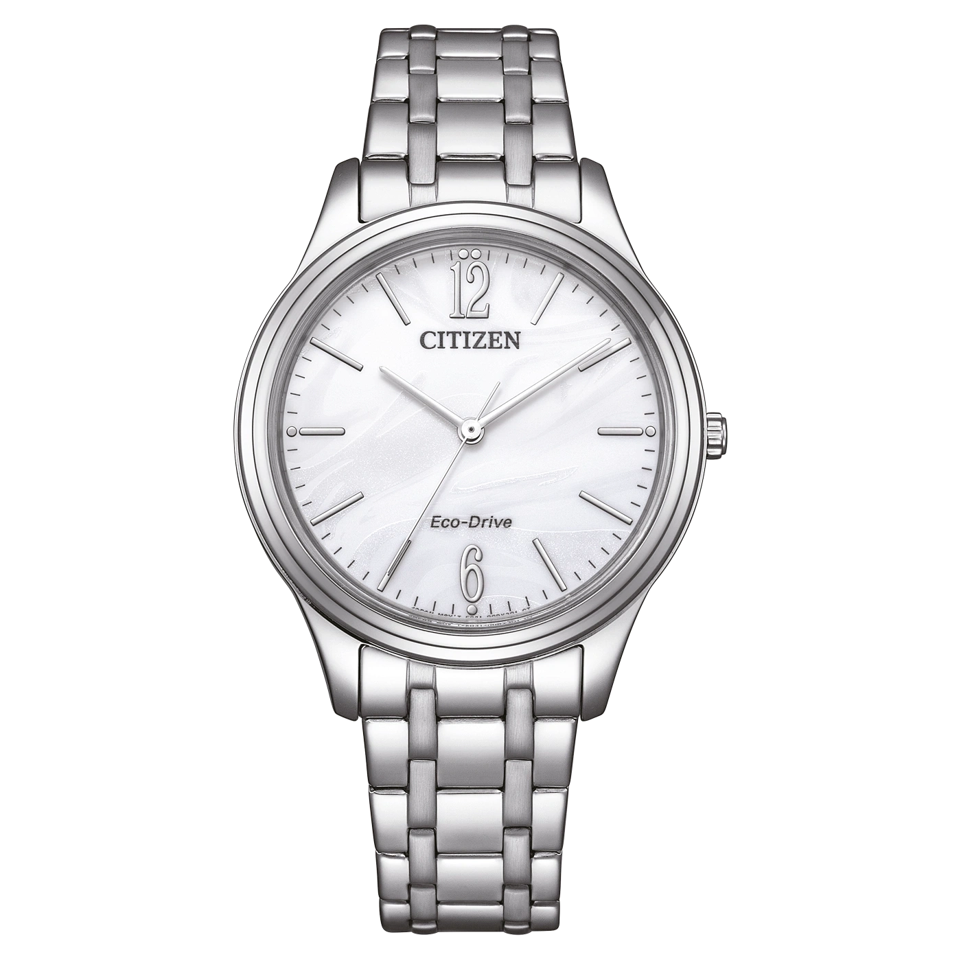Citizen watch with a white face and silver band, Eco-Drive technology.