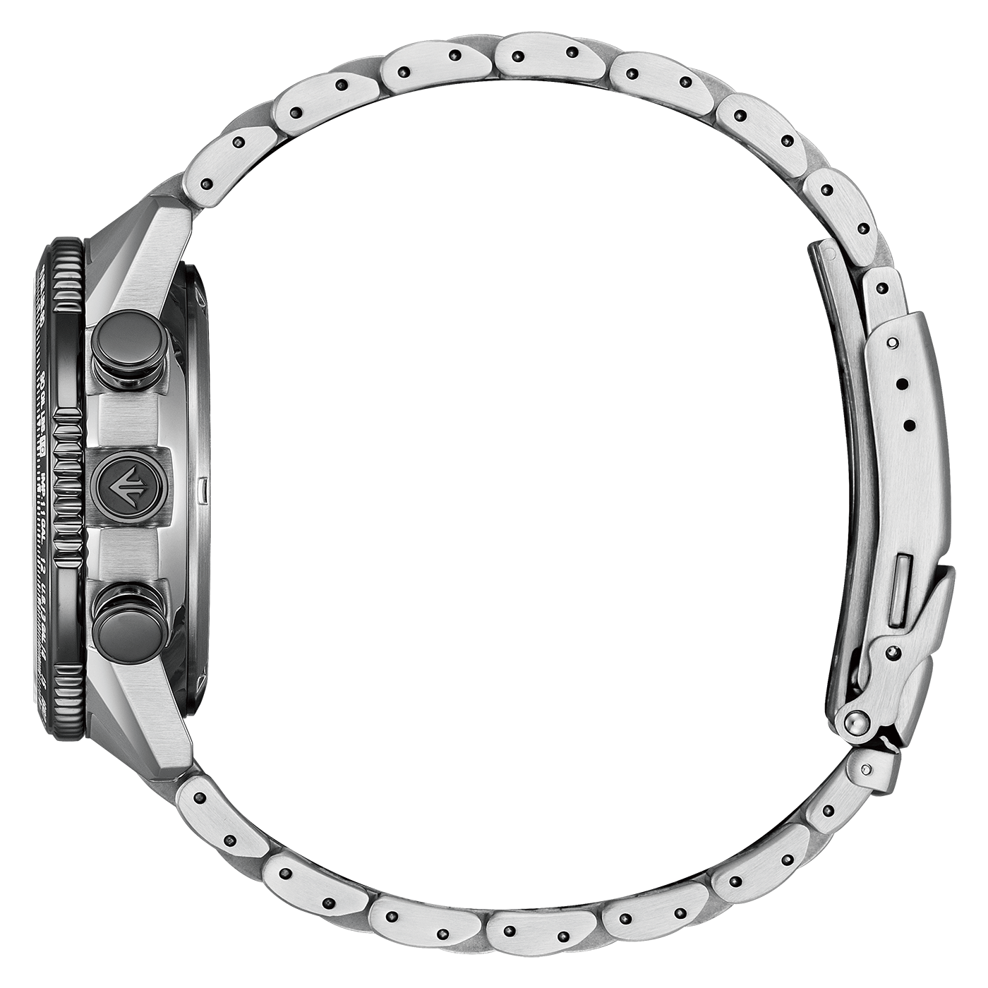 Side view of a silver wristwatch with a black dial and band.