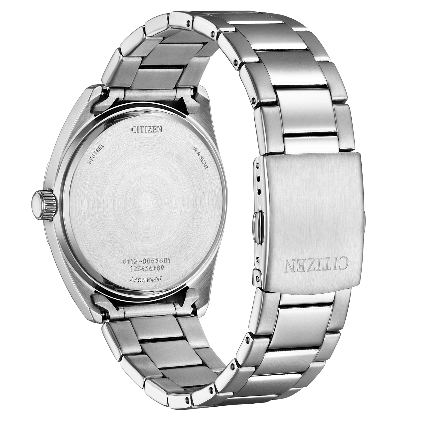 Citizen watch back, stainless steel, with brand name and model details.