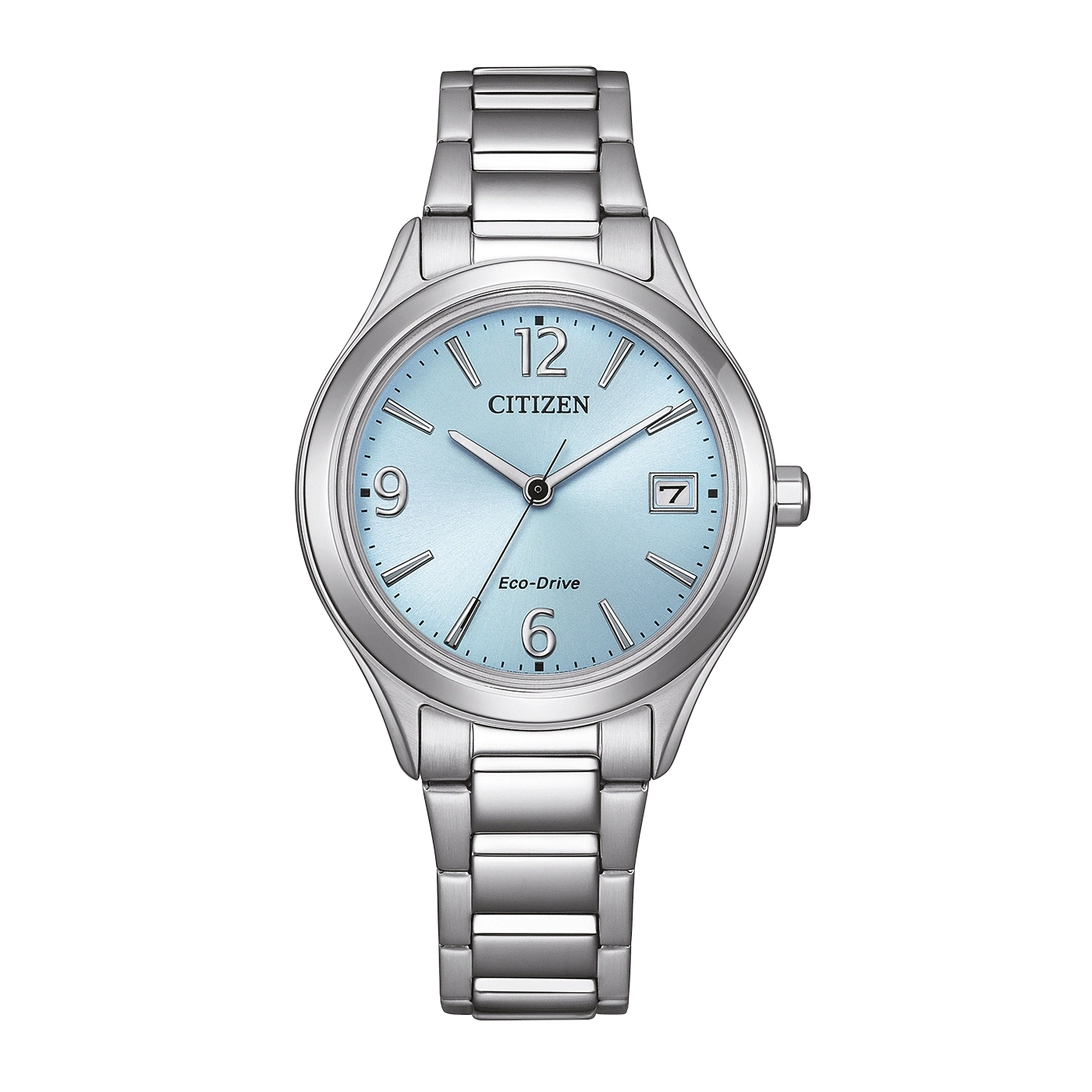 A silver Citizen Eco-Drive watch with a light blue dial.