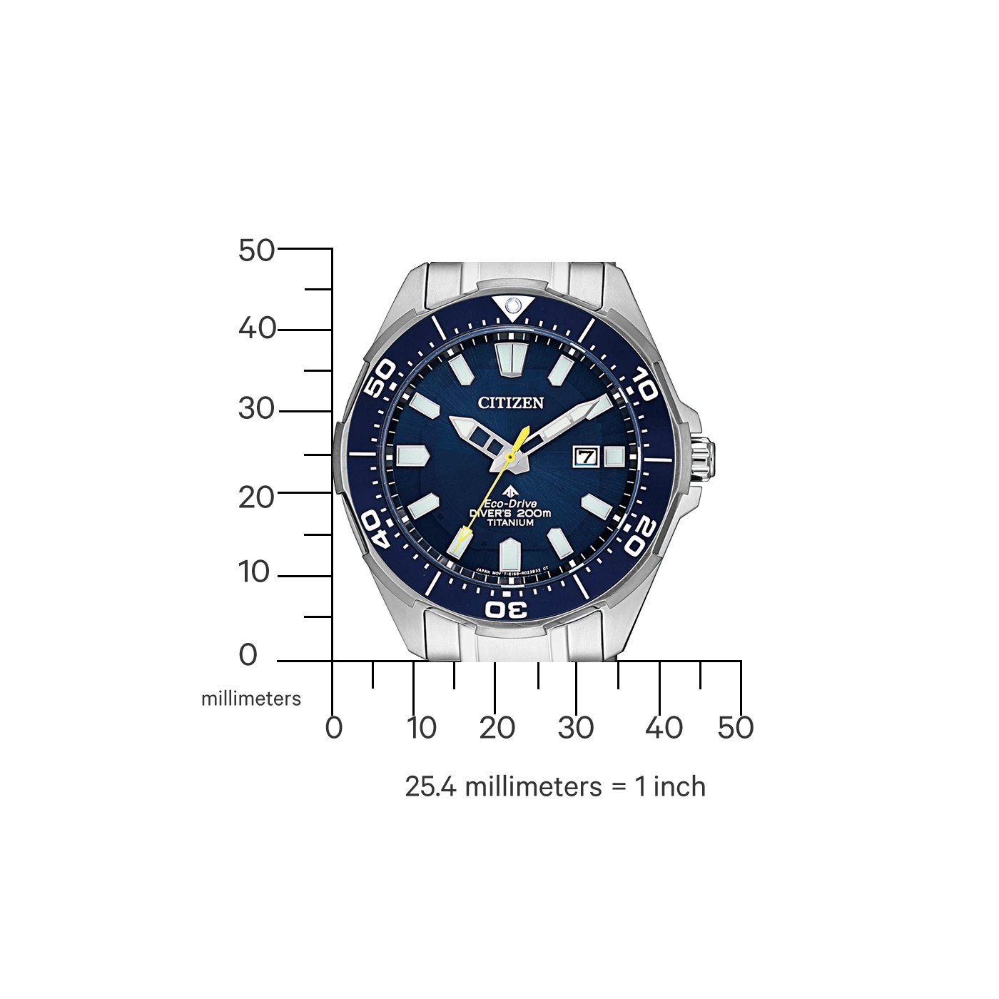 Citizen watch with blue dial, titanium, and Eco-Drive technology.