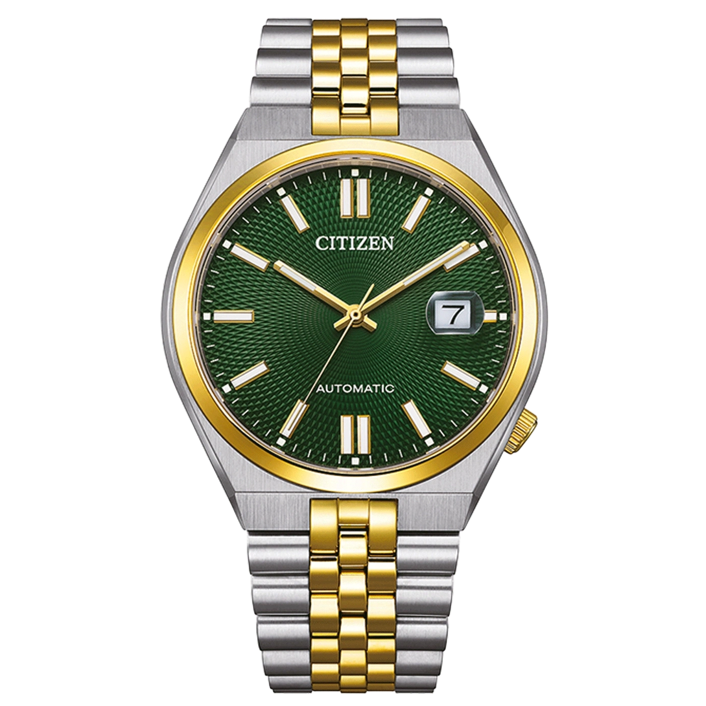 Citizen watch with green face, gold and silver bracelet, automatic movement