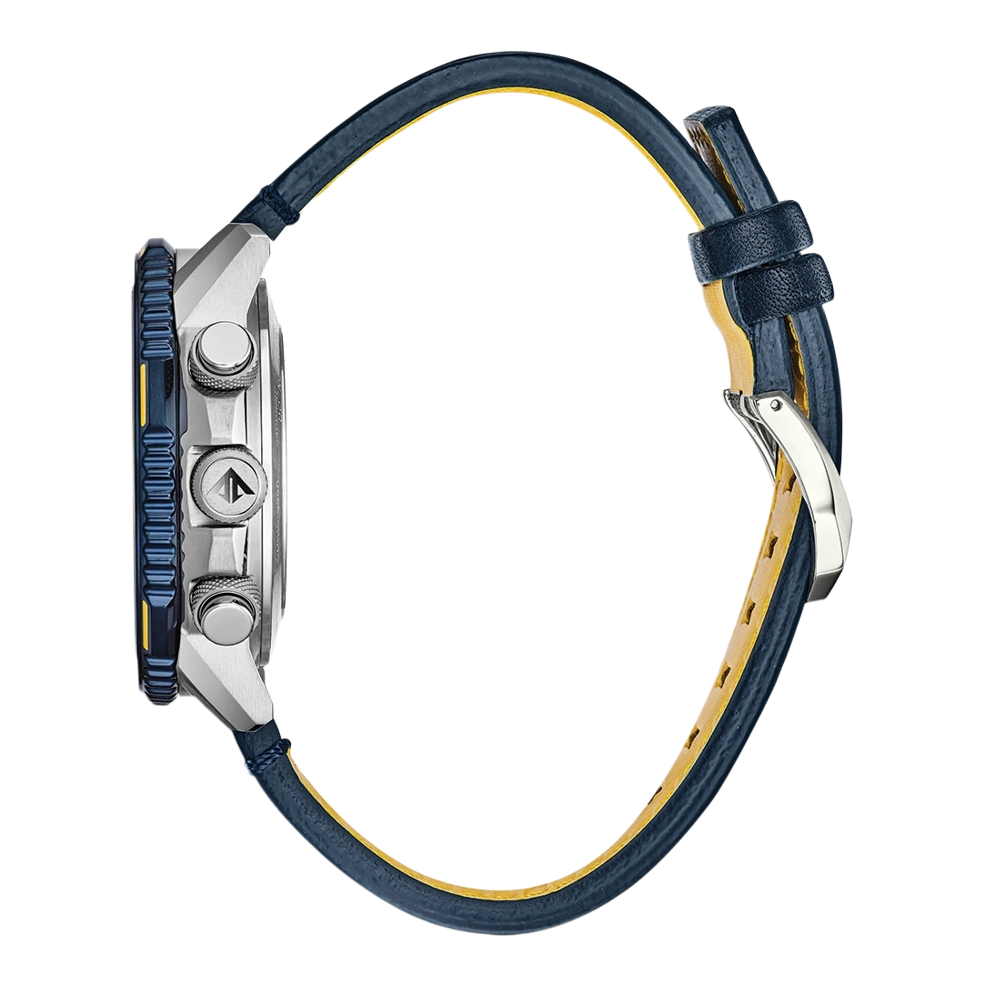 Side view of a blue and silver watch with a leather strap.