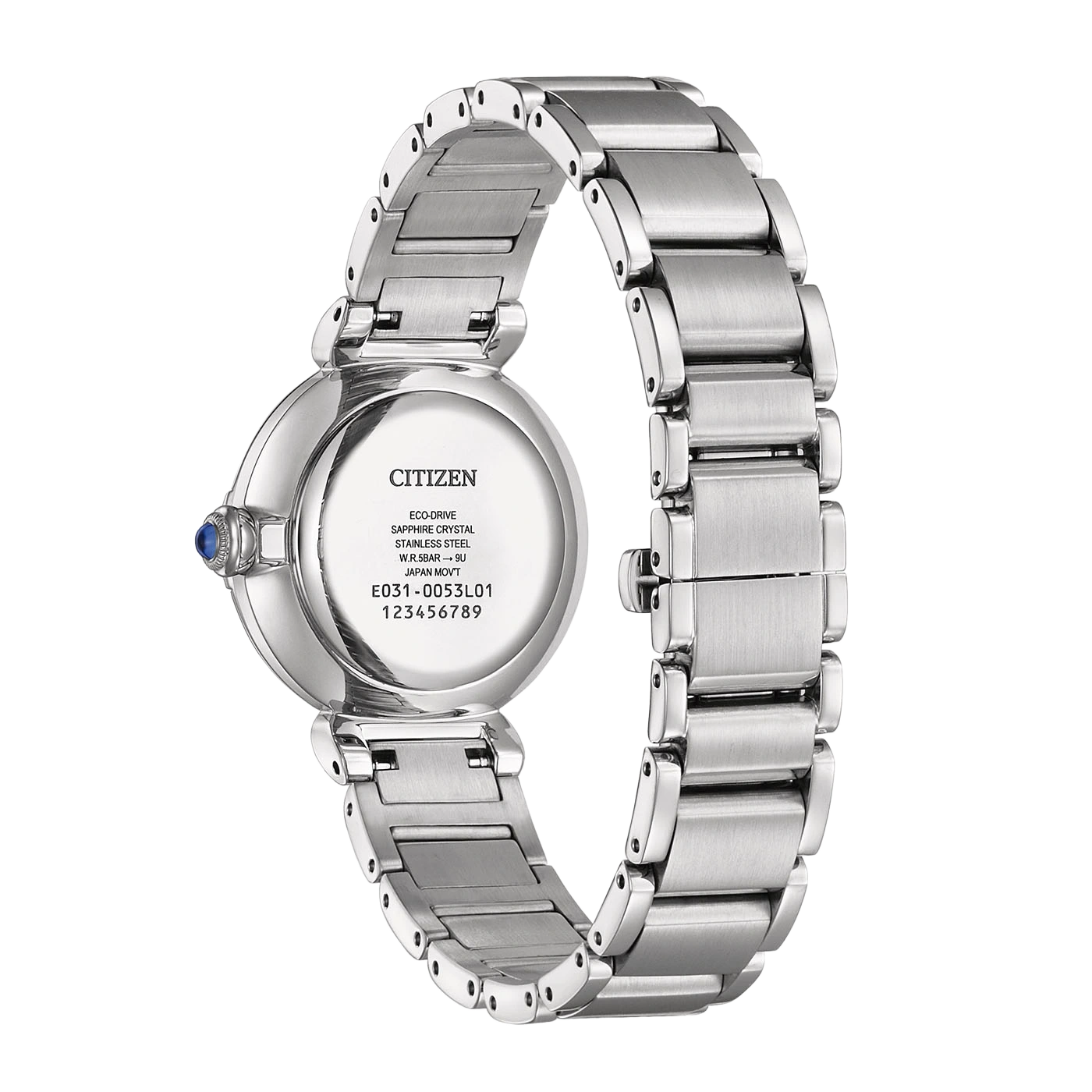 Back of a silver Citizen Eco-Drive watch with a blue gem on the side.