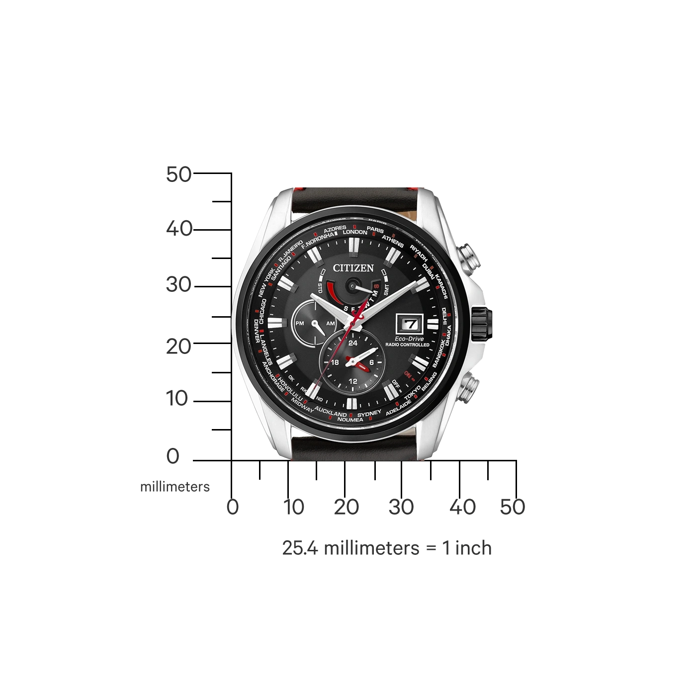 Citizen watch with world time function, black dial, and silver case.
