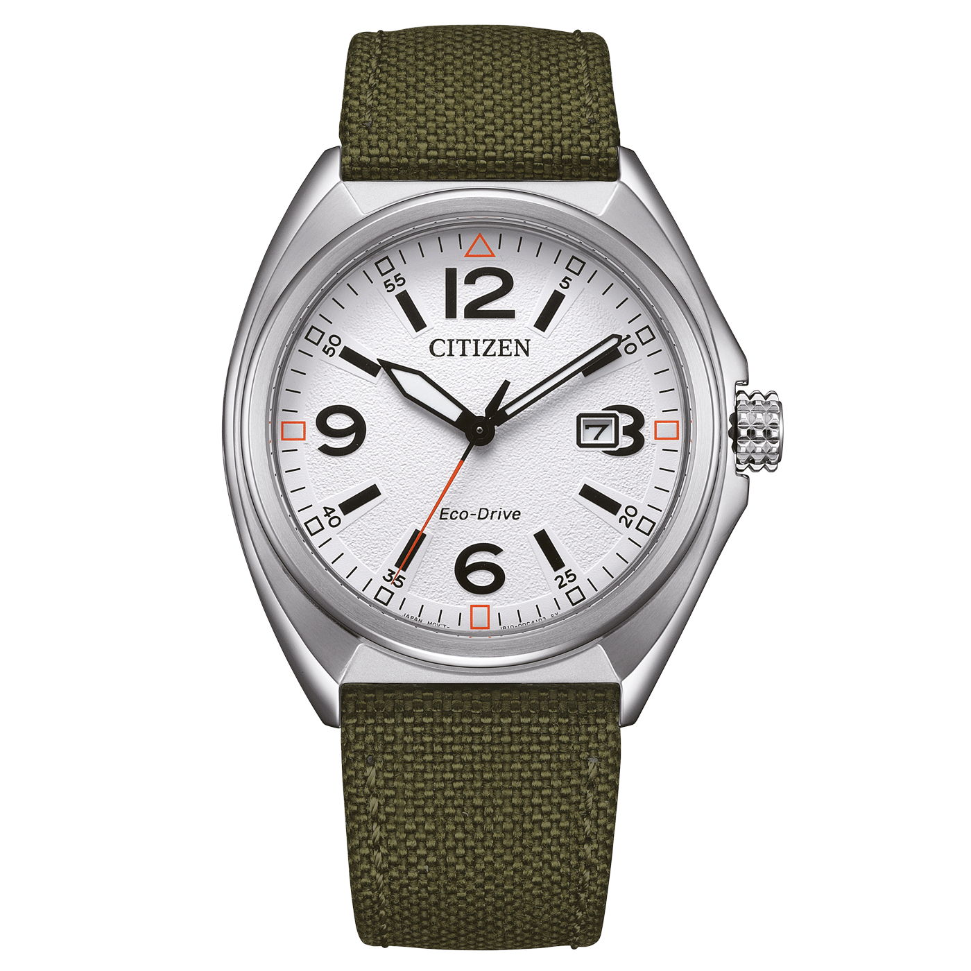 Citizen watch with white face, black numbers, and green strap.