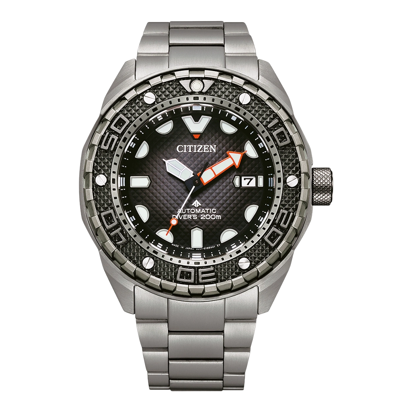Citizen watch with black dial, orange accents, and stainless steel band.