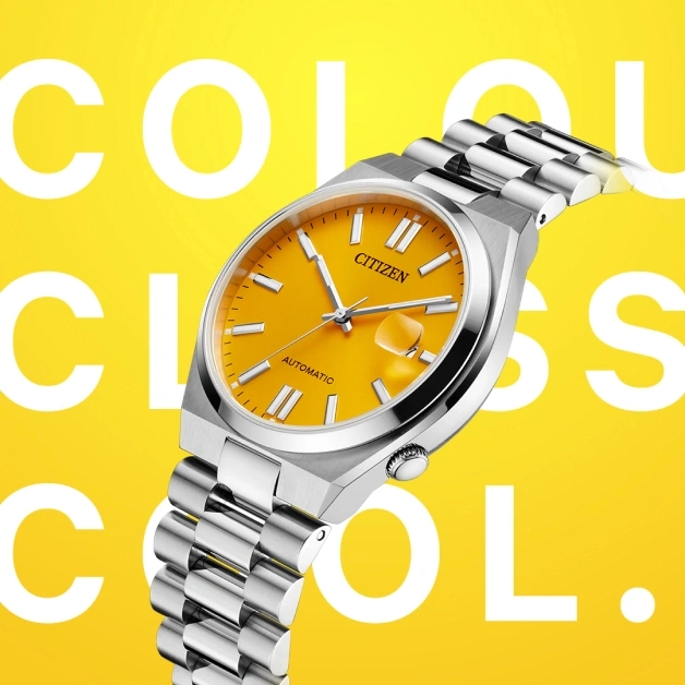Citizen watch with yellow face and silver strap on a yellow background.
