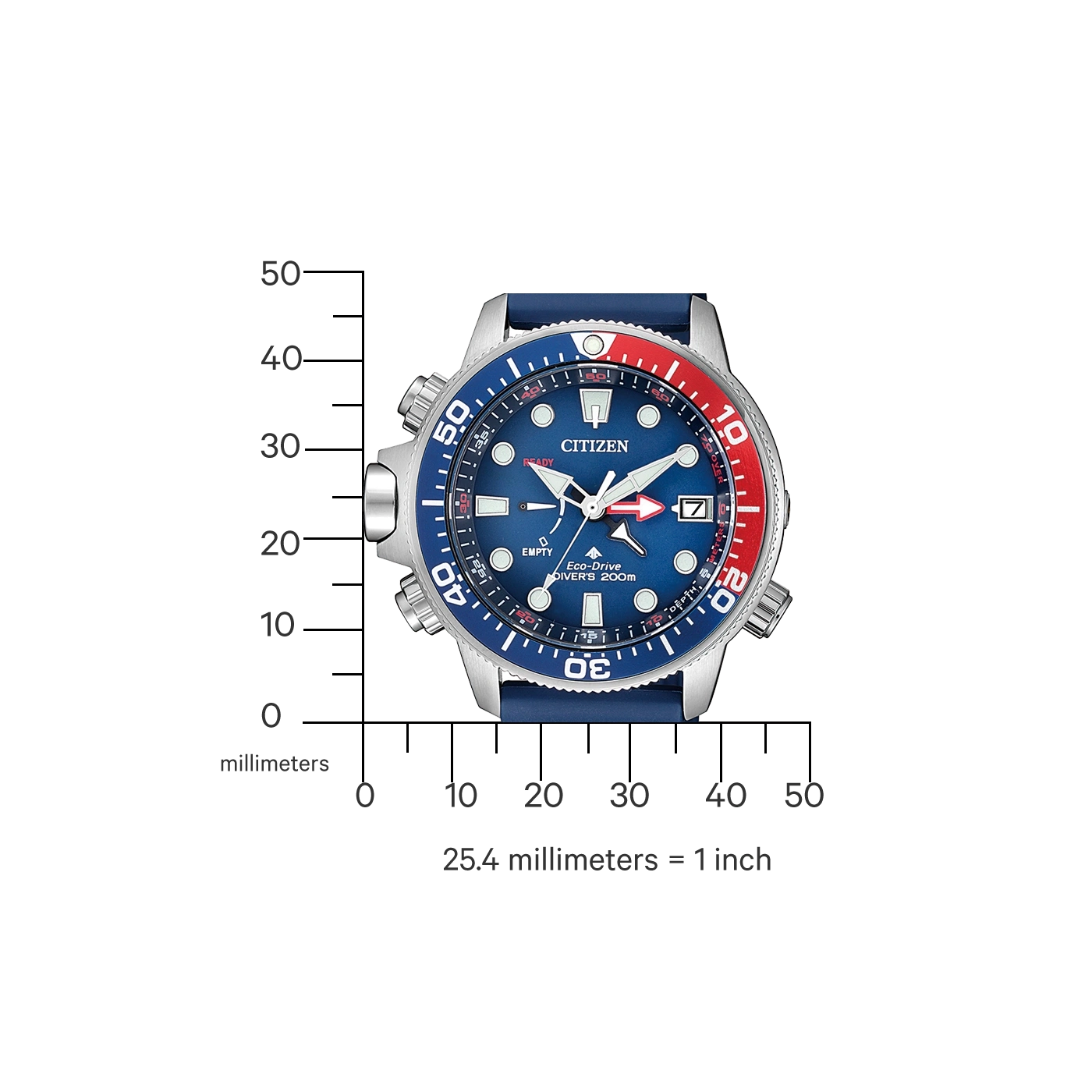 Citizen watch with blue and red bezel, blue strap, and depth gauge.