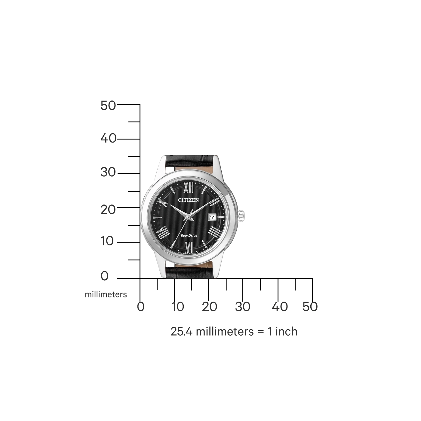 Citizen watch with black face and leather strap, measuring scale in millimeters.