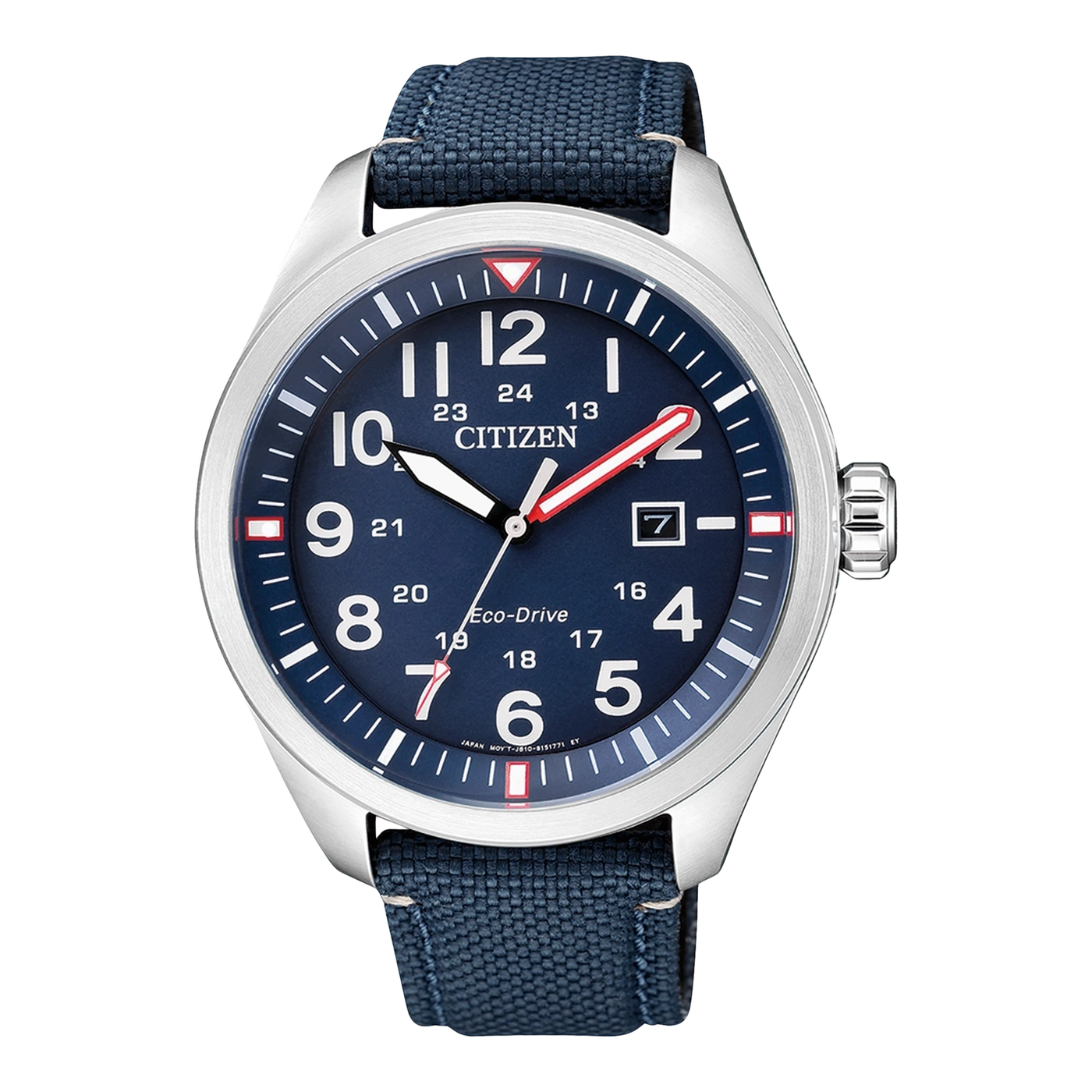 Citizen watch with a blue face and a blue fabric strap, Eco-Drive.