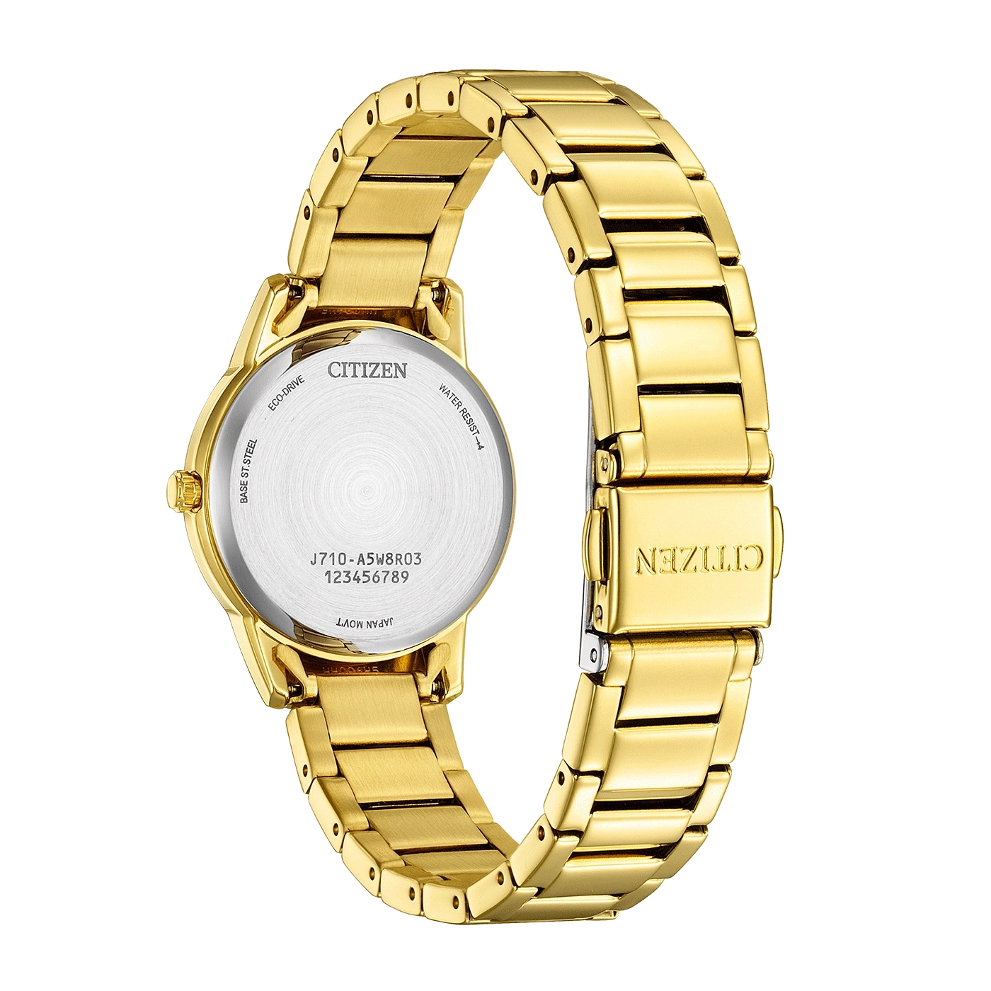 Citizen watch, gold, back view, Eco-Drive, water resistant, Japan movement.