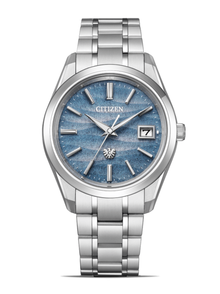 Citizen-Uhr mit blauem Zifferblatt und silbernem Armband, elegantes Design, Zeitmesser