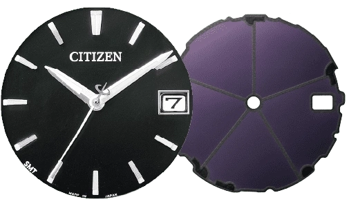 Citizen watch face with hands, date, and a separate purple component.