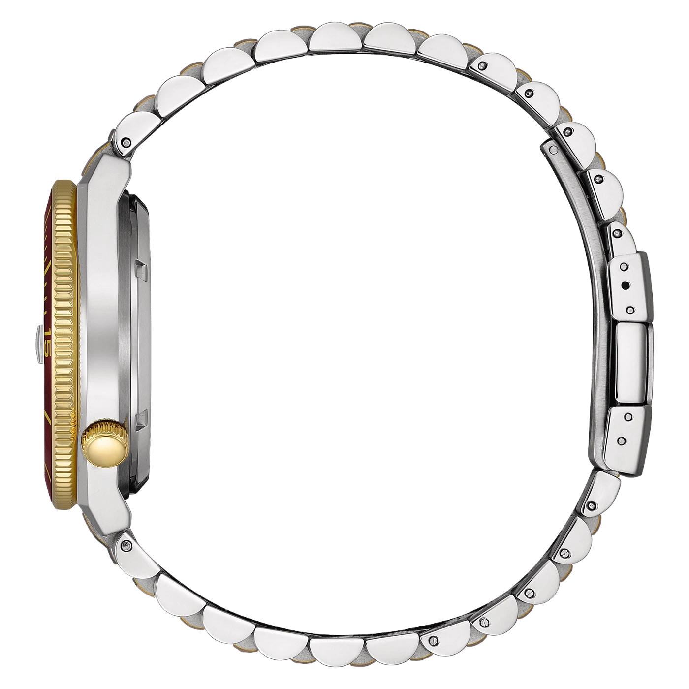 Side view of a two-tone watch with a red dial and gold bezel.