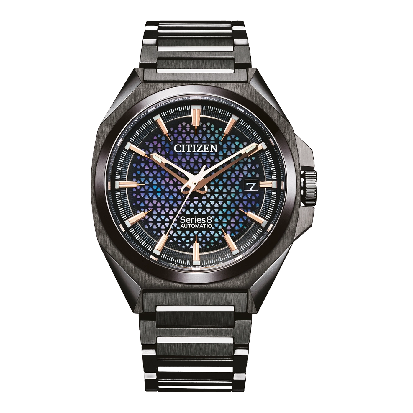 Citizen Series 8 automatic watch with black case and bracelet, blue dial