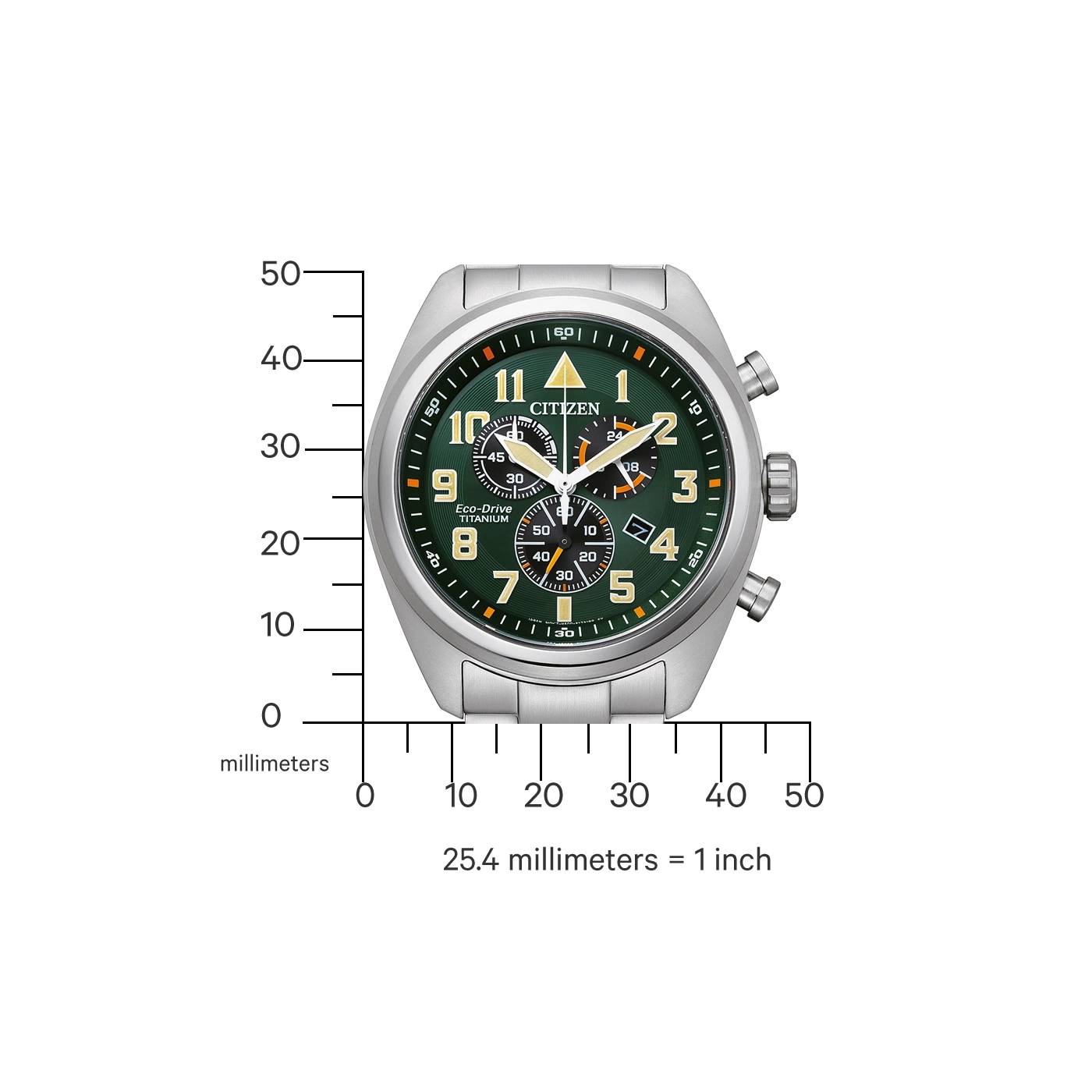 Citizen watch with green face and titanium band, showing time and measurements.