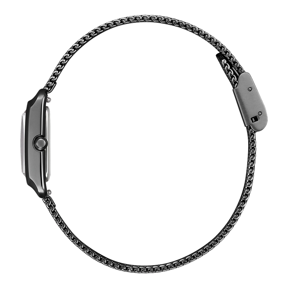 A side view of a black watch with a chain strap, elegant and modern.