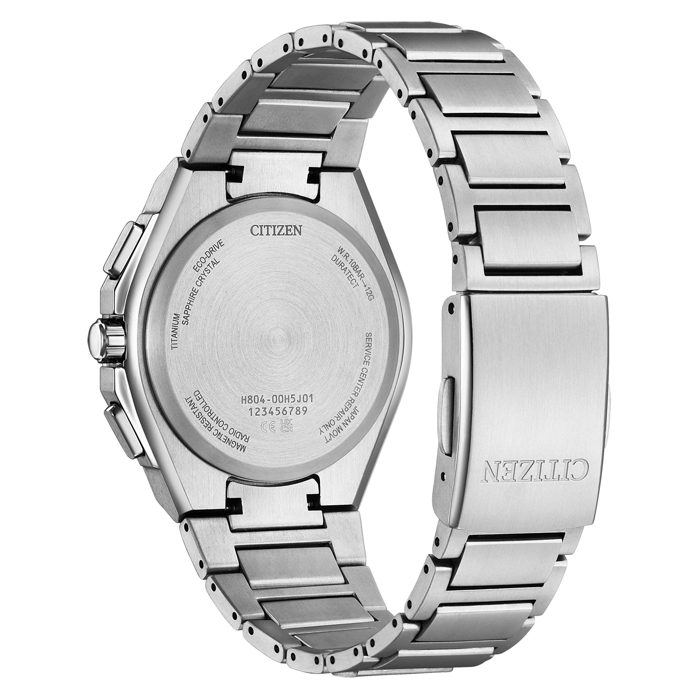 Back of a brushed metal Citizen watch with model number