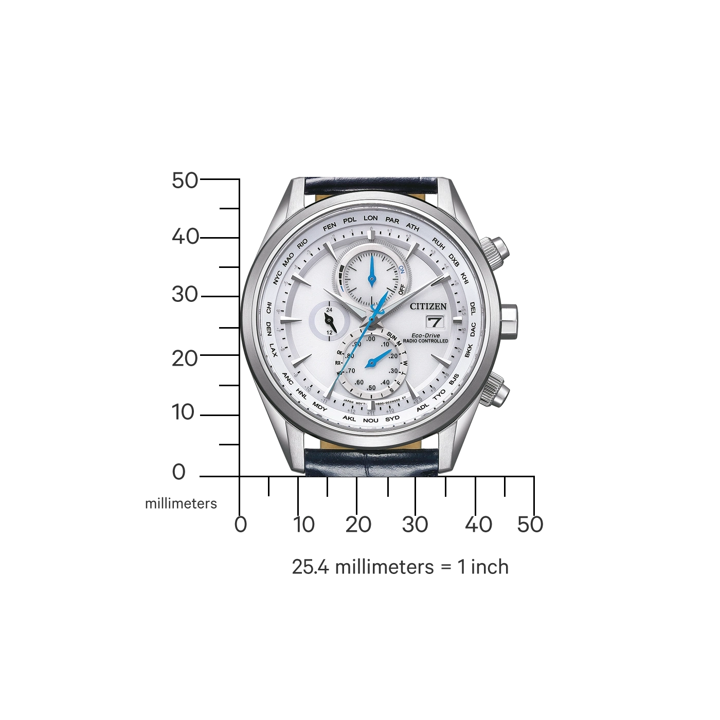 Citizen watch with world time function, white dial, and blue accents.