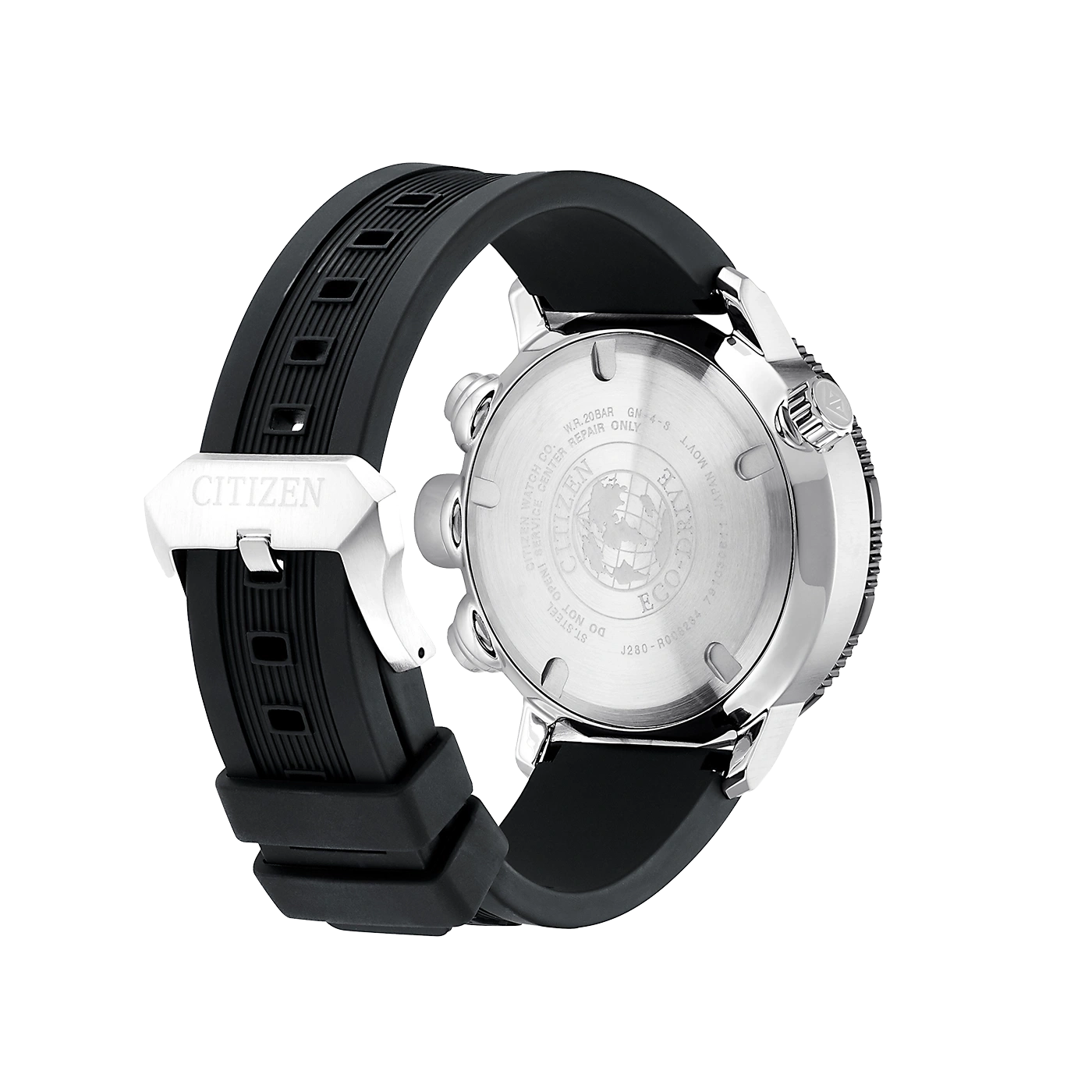 Citizen watch with black strap, stainless steel back, and Eco-Drive technology.