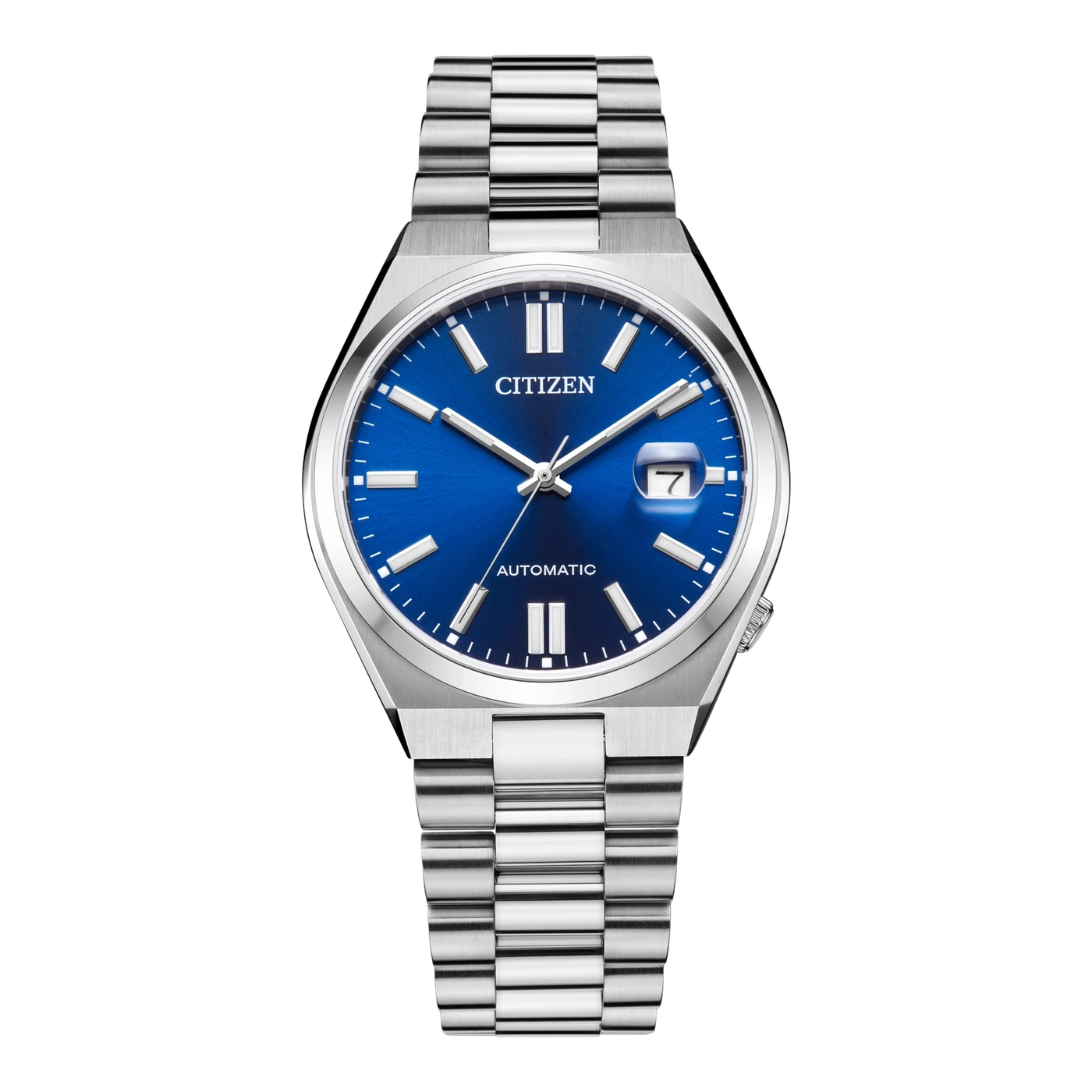 Citizen watch with a blue dial and silver bracelet, automatic movement.